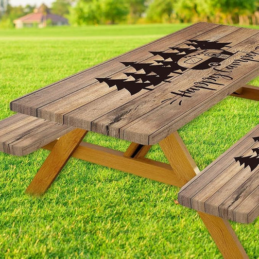 Picnic Table Cover with Bench Covers Camping Essentials Waterproof Windproof Camping Tablecloth with Elastic Edges, Fitted Rectangle Tables and Seats, 30x72in