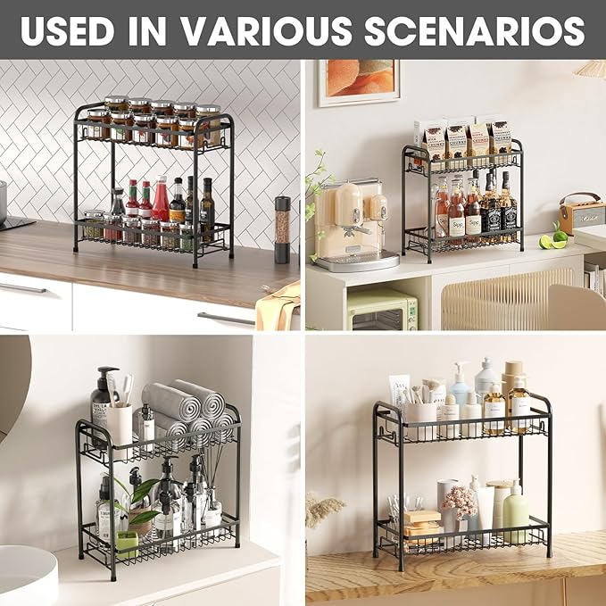 Spice Rack for Countertop, 2-Tier Standing Sturdy Metal Seasoning Organizer Holder, Space Saving Spice Shlef for Kitchen, Cabinet, Pantry Storage, Easy Assembly, Black
