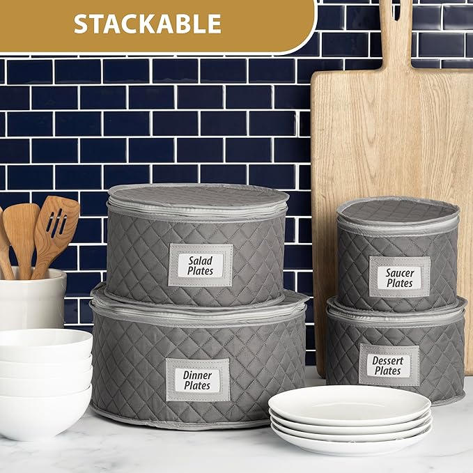 Stack Store Plus More China Storage Quilted Case for Dessert Plate, Bowls, Small Plate or Saucer - 8" W x 6" H - Gray - Includes 12 Felt Separators