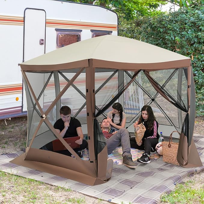 Tangkula 11.5x11.5 Ft Pop Up Gazebo with Netting, Portable Screen Tent with 6 Sided Mesh Walls, 2 Sunshade Cloths, Outdoor Instant Canopy Shelter with Carry Bag for Camping, Lawn, Backyard