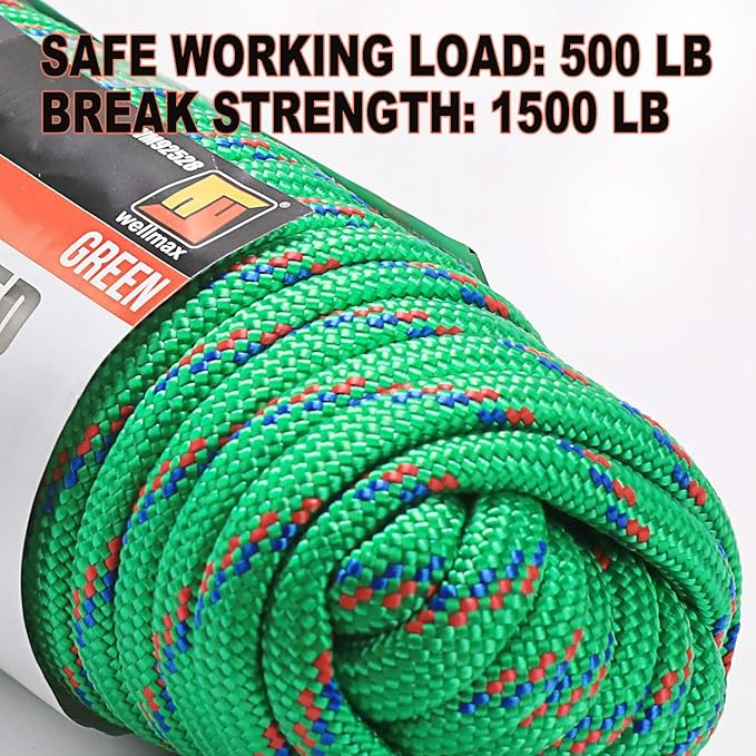 Wellmax Diamond Braid Nylon Rope - 3/8 Inch by 50 Feet Green Color - Extra Strength, Sunlight and Weather Resistant - Heavy Duty Construction