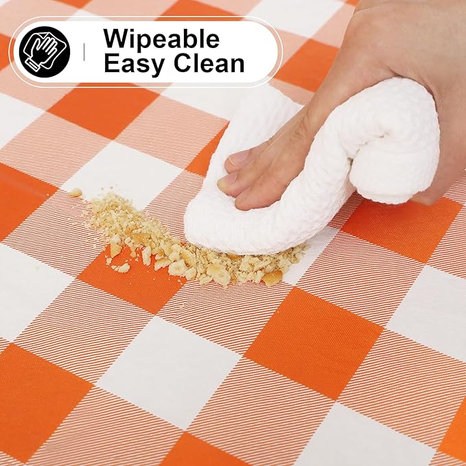 misaya Rectangle Waterproof Vinyl Table Cloth, Buffalo Flannel Backed Tablecloth, Wipeable Plastic Table Cover for Dinner, Kitchen, Picnic (52" x 70", Orange and White)