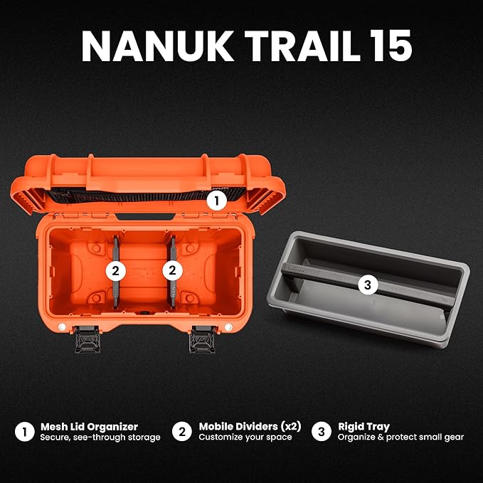 NANUK Trail 15 – 15.9L (4.2-Gallon) Waterproof Storage Box – Cargo Case with Modular Dividers for Camping, Fishing & Outdoor Storage - Dustproof and Impact Resistant (12.9” x 9.7” x 10.3”) – Orange