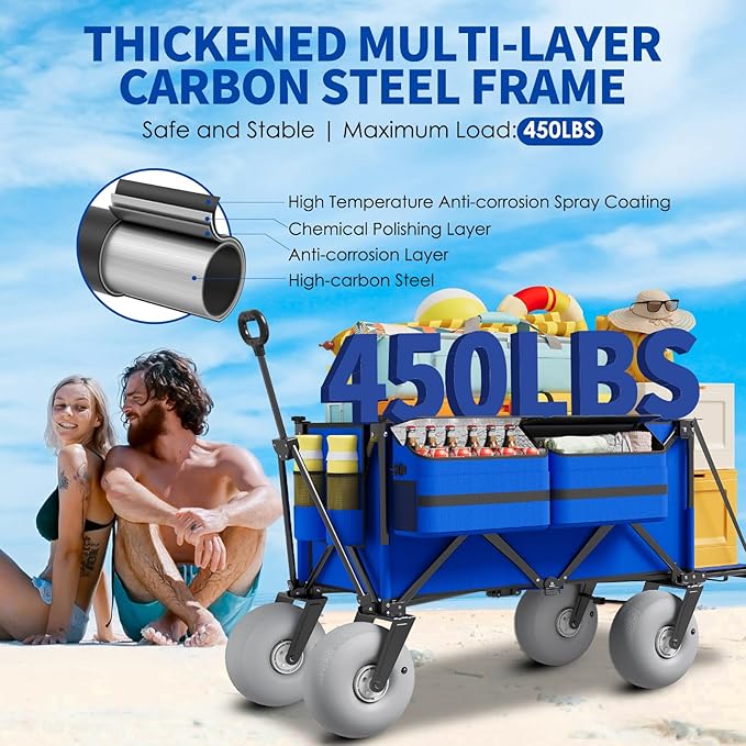 Beach Wagon with Big Wheels for Sand - 450lbs Load Heavy Duty Wagons Carts Foldable with 9" All Terrain Inflatable Tires, Collapsible Beach Cart for Grocery Shopping Garden Sports Camping Outdoor