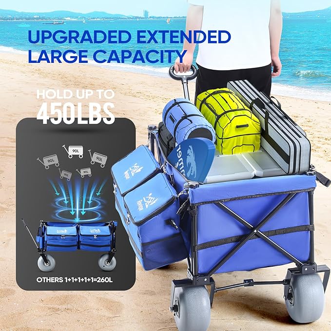Beach Wagon with Big Wheels for Sand,260L Extra Large Beach Cart with 9" All-Terrain Balloon Wheels, Heavy Duty Folding Wagon, Adjustable Handle,450lb Capacity for Outdoors & Fishing