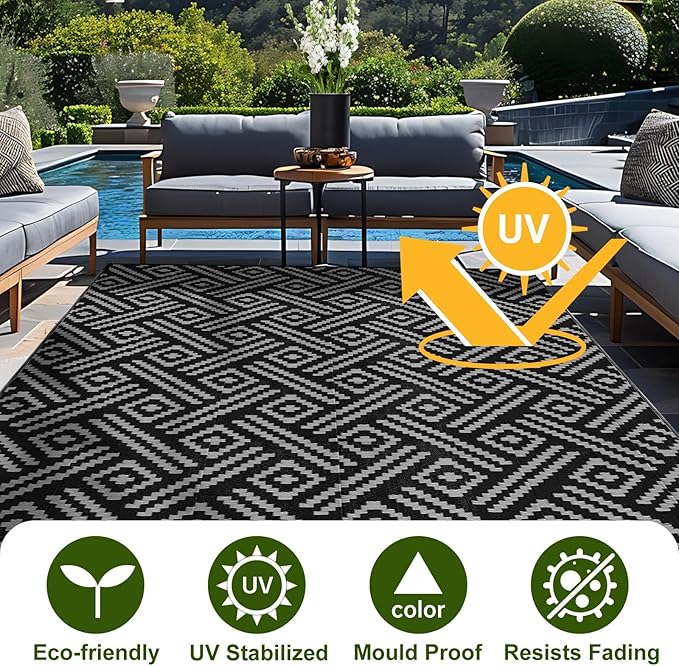 OPPODREAM Outdoor Rug 8x10 Patio Waterproof, Large Outdoor Plastic Straw Rug, Reversible Out Door Carpet for Camping, Deck, Rv, 8 x 10 Area Carpet for Balcony, Porch, Backyard, Black and Grey