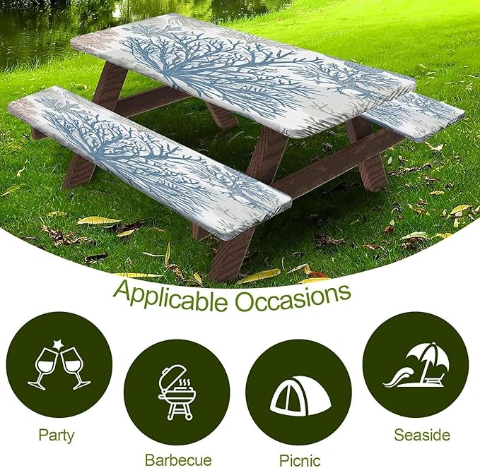 CAPSCEOLL Elastic Picnic Table Cover with Bench Covers 5Ft Waterproof Fitted Picnic Table Cover Cloths for Outdoors Camping Tablecloth with Drawstring Bag, 60X30in, Blue Sea