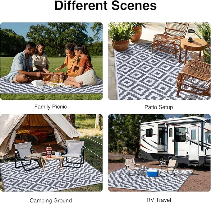OLANLY Waterproof Outdoor Rug 10x14 ft, Outdoor Plastic Straw Rug for Camping, RV Mat Outside, Outdoor Carpet for Porch, Deck, Backyard, Balcony, Picnic, Grey & White