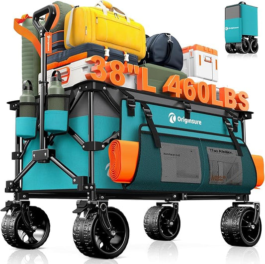 220L Collapsible Wagon Cart Foldable, 460LB Load Capacity Heavy Duty Folding Beach Wagons with Big All-Terrain Wheels, Utility Carts for Groceries, Camping, Sports - Grey&Turquoise