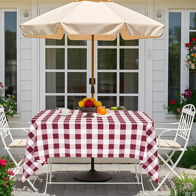 SquarePie Outdoor Tablecloth with Umbrella Hole and Zipper Rectangle Waterproof Table Cloth Spillproof Table Cover for Camping Picnic Patio Garden, 52x70 Burgundy Red Checkered