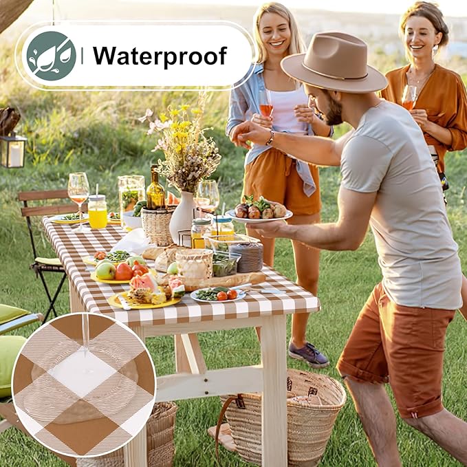misaya Buffalo Rectangle Picnic Tablecloth, 6 Foot Elastic Fitted Vinyl Table Cloth with Flannel Backing, Waterproof Plaid Table Covers for Dining, Camping, Outdoor (Brown and White, 30" x 72")