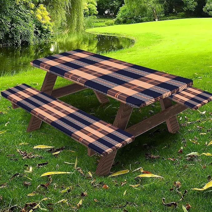 CAPSCEOLL Elastic Picnic Table Cover with Bench Covers 5Ft Waterproof Fitted Picnic Table Cover Cloths for Outdoors Camping Tablecloth with Drawstring Bag, 60X30in, Autumn Plaid