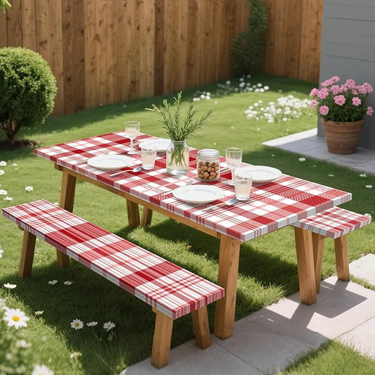 Red Picnic Table Cover with Bench Covers, 3 Pcs Waterproof Elastic Picnic Table Cover Outdoor Camping Essentials, Windproof Fitted Tablecloth for Camping, Indoor, Outdoor (Plaid, 72X30 Inch)