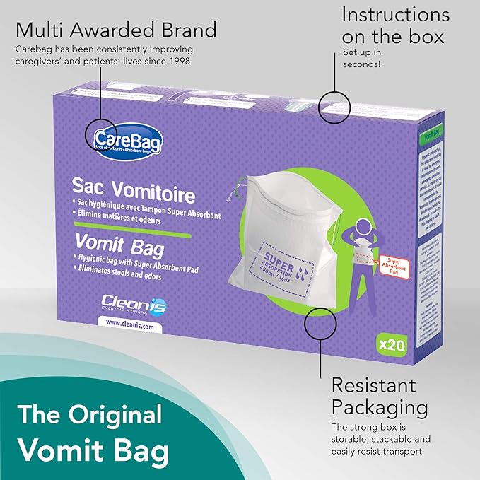 The Original Carebag Emesis Bag with Super Absorbent Pouch- Absorbs 16 oz, No More Leaks and Splashes- Single Use- Reduces Odors- Easy Disposal, 60 Count (3 Boxes of 20)