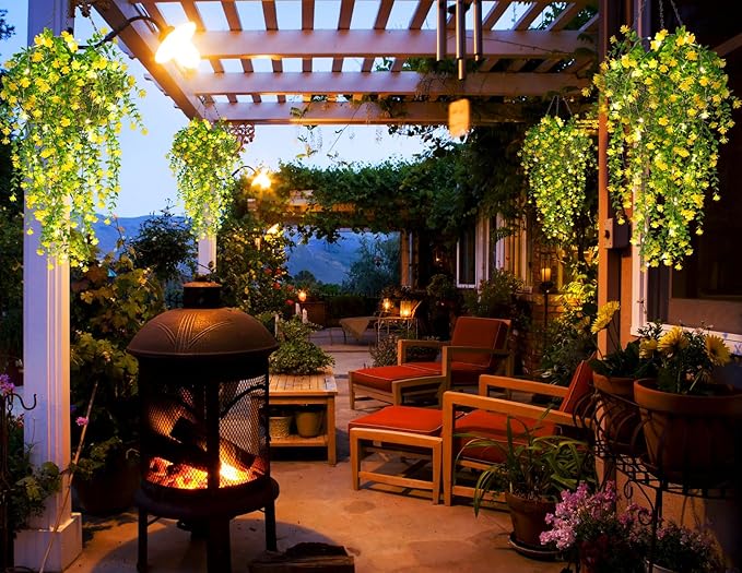 RECUTMS Outdoor Fake Hanging Plants,Hanging Plant Vine with Lights,Faux Eucalyptus Leafs Greenery Vine Plant Faux Plants Fake Plants Greenery for Jungle Theme Party Wedding Decoration(Yellow)