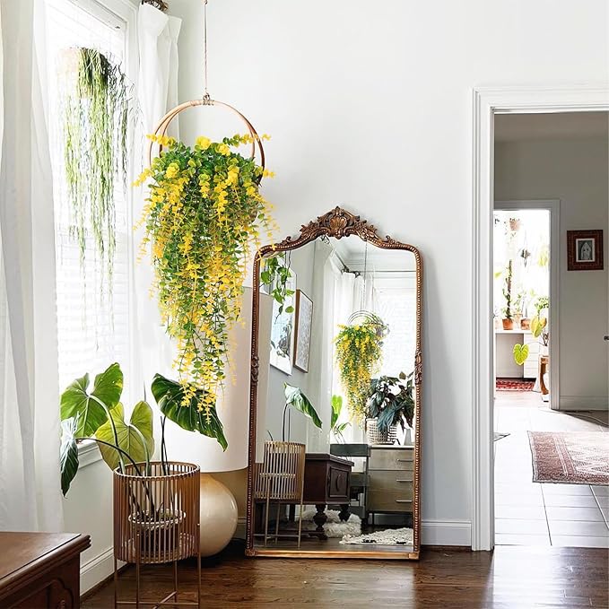 RECUTMS Artificial Plants Hanging Outdoor Fake Plants Hanging Vines Faux Eucalyptus Leaves Greenery Vines Fake Vines Plants for Room Wall Decor Garden Outdoor Wedding Courtyard Decoration(Yellow)