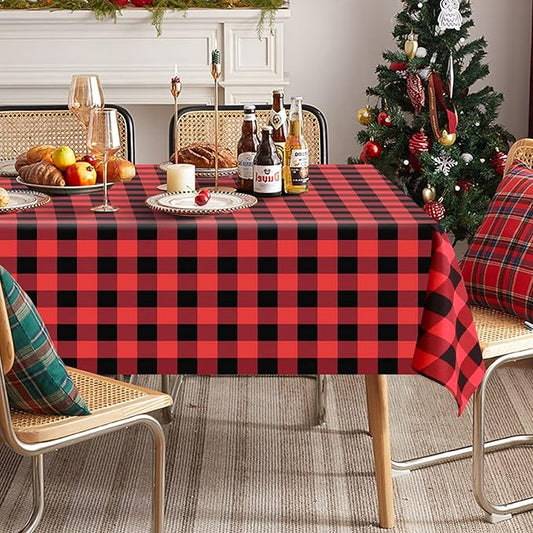 Softalker Christmas Gingham Checkered Rectangle Tablecloth - Buffalo Plaid Farmhouse Table Cloth Waterproof Stain Resistant Table Cover for Kitchen/Party/Holiday - Black and Red, 60 x 84 Inch