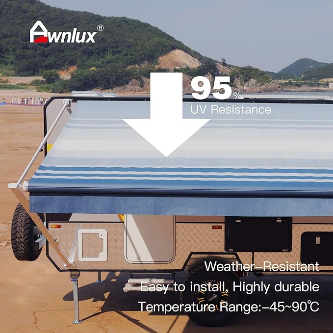 AWNLUX RV Awning Fabric Replacement Waterproof Vinyl Shade Screen for Awnings Camping Universal Fit Fabric Sun Shade UV Sun Blocker Canopy RV Awning Shade Shelter Blue Strip-10' (Fabric 9'2")