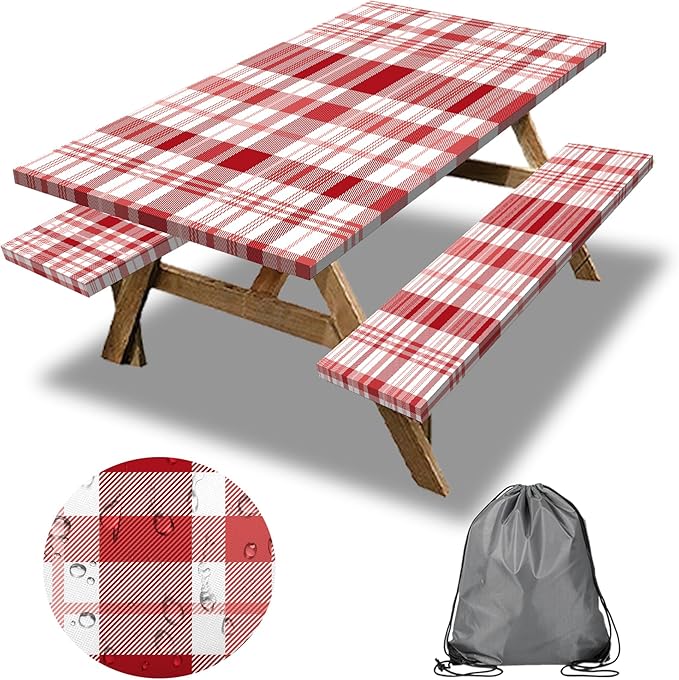 Red Picnic Table Cover with Bench Covers, 3 Pcs Waterproof Elastic Picnic Table Cover Outdoor Camping Essentials, Windproof Fitted Tablecloth for Camping, Indoor, Outdoor (Plaid, 72X30 Inch)