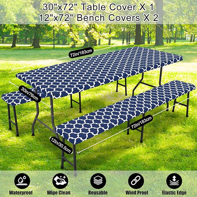Smiry Picnic Table Cover with Bench Covers, Waterproof Elastic Fitted Tablecloth for 6 Foot Tables, Washable Polyester Tablecloths for Camping, Indoor & Outdoor (Navy Morocco, 30x72 Inch 3-pc Set)