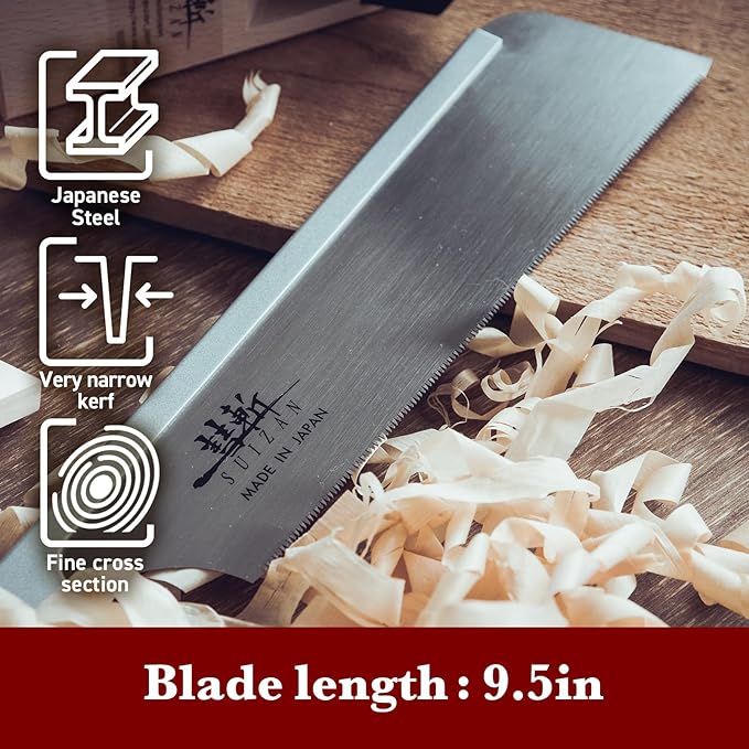 SUIZAN Dozuki Dovetail Saw 9.5" Rip Cross Angle Cut - Professional Japanese Pullsaw Handsaw Woodworking Tools