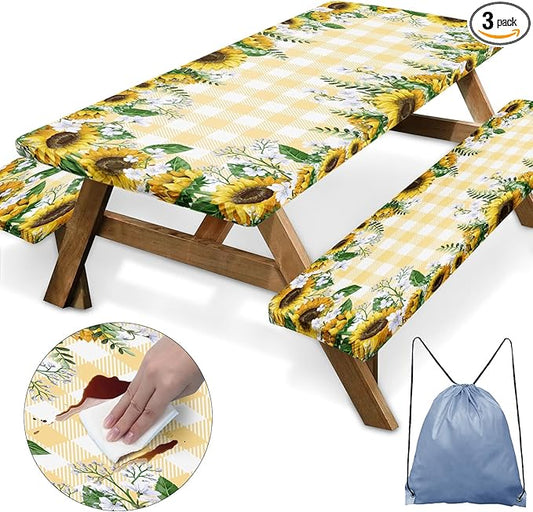 Picnic Table Cover with Bench Covers Elastic Edges, Yellow Fitted Table Cover, Outdoor Patio Camping Essentials 60 Inch 3PCS, Waterproof Camping Fitted Tablecloth with Drawstring Bag