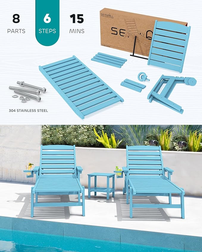 SERWALL Patio Chaise Lounge Chair Set of 2, 78'' Long 5-Positions Adjustable HDPE Outdoor Lounge Chair for Pool, Poly Lounge Chair with Rolling Wheels & Cup Holder for Poolside, Deck, Light Blue