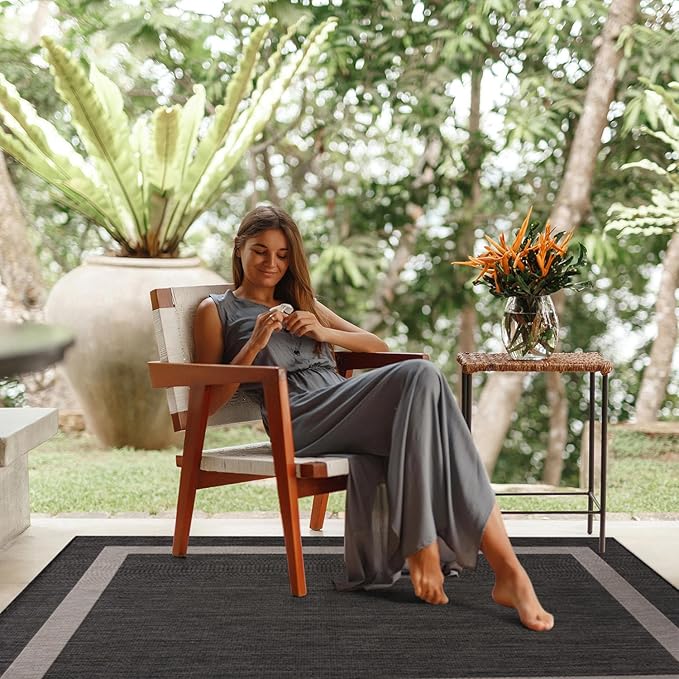 CAMILSON Outdoor Rug 8x10,Modern Outside Rugs for Patios Porches Waterproof Durable Washable Non-Shedding, Easy-to-Clean Indoor Outdoor Area Carpet (8 x 10, Bordered - Dark Gray/Light Gray)