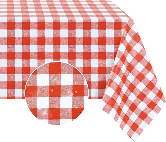 Romanstile Rectangle Vinyl PVC Tablecloth, 100% Waterproof Buffalo Plaid Plastic Table Cloth, Oil Proof Heavy Duty Wipeable Table Covers for Dining/Camping/Picnic/Outdoor - 54 x 108, Red and White