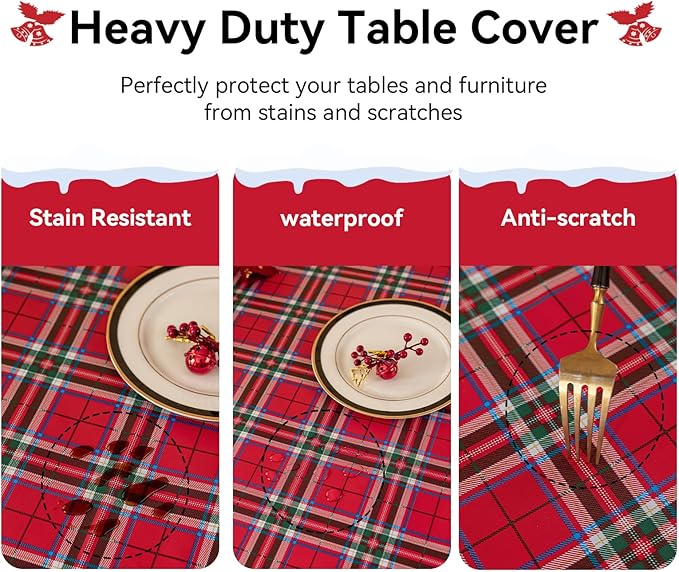 Romanstile Christmas Square Vinyl Tablecloth, 100% Waterproof Oil-Proof Checkered PVC Table Cloth, Heavy Duty Xmas Plastic Table Cover for Dining, Party, Holiday Decor - 54 x 54 Inch, Red