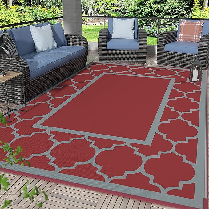 GENIMO 6' x 9' Outdoor Rug Waterproof for Patio Decor, Foldable Reversible Plastic Straw Area Rugs Mat for Camper, Outside Carpet for Rv, Deck, Porch, Picnic, Beach, Balcony, Red & Grey