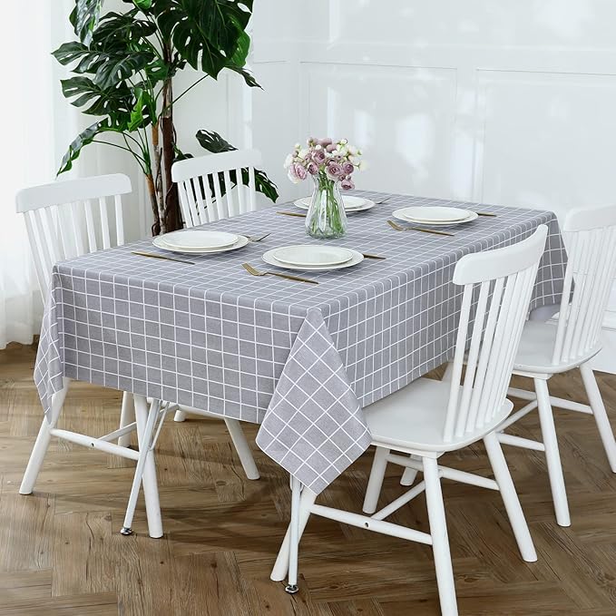 Romanstile Rectangle Plastic Tablecloth, 100% Waterproof Oil-Proof Checkered PVC Table Cloths, Heavy Duty Vinyl Table Covers for Dining, Camping, Picnic, Outdoor - 54 x 120 Inch, Grey