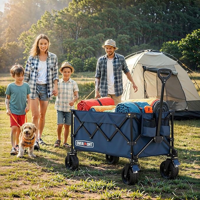 Overmont Ultra-Compact Collapsible Wagon Cart - 200L Portable Folding Wagon with All-Terrain Wheels Utility for Beach, Grocery Shopping, Camping, and Gardening – 330lbs Load Capacity Blue