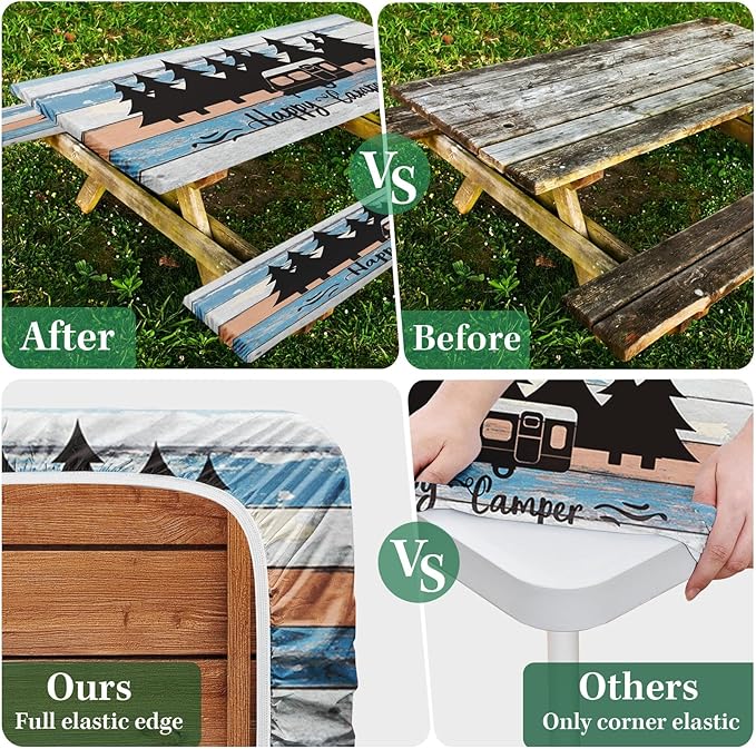 Picnic Table Cover with Bench Covers Elastic Edges, Blue Camper Fitted Table Cover, Outdoor Patio Camping Essentials 72 Inch 3PCS, Waterproof Camping Fitted Tablecloth with Drawstring Bag