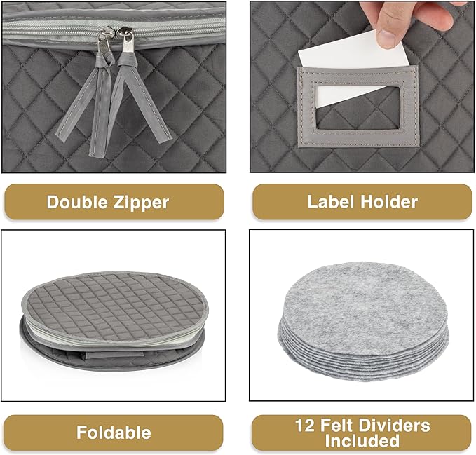 Stack Store Plus More China Storage Quilted Case for Dessert Plate, Bowls, Small Plate or Saucer - 8" W x 6" H - Gray - Includes 12 Felt Separators