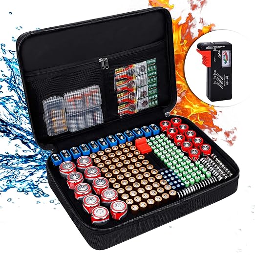 ENGPOW Battery Organizer, Fireproof Battery Organizer Storage Case with Tester (BT168),Water-Resistant Explosionproof Battery Holder Box with Cover and Zipper, Holds 220+ AA AAA C D 9V Batteries