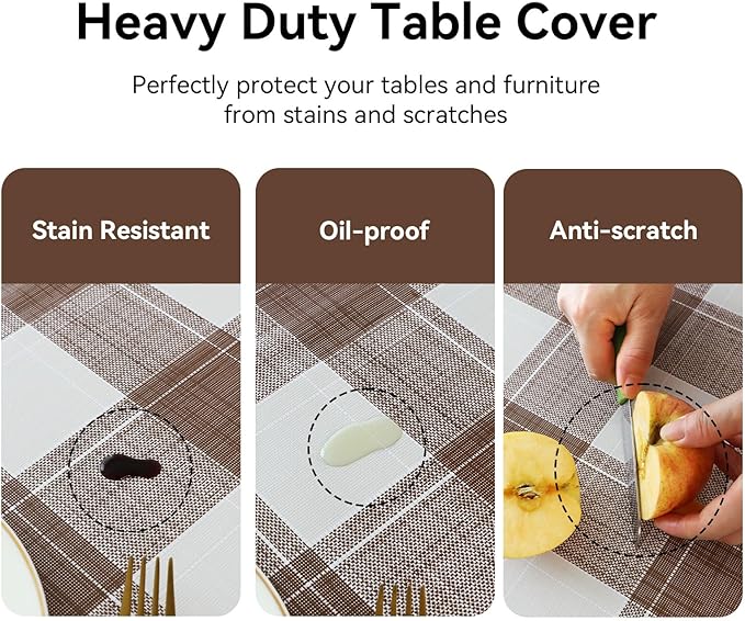 Romanstile Rectangle Plastic Tablecloth, 100% Waterproof Oil-Proof Checkered PVC Table Cloth, Heavy Duty Vinyl Table Cover for Dining, Camping, Picnic, Outdoor - 54 x 78 Inch, Brown Checkered