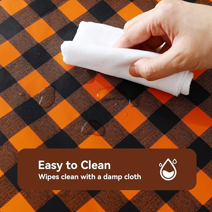 Romanstile Fall Halloween Vinyl PVC Tablecloth, 100% Waterproof Buffalo Plaid Plastic Table Cloth, Heavy Duty Wipeable Table Covers for Camping/Picnic/Outdoor - 54 x 108, Black and Orange