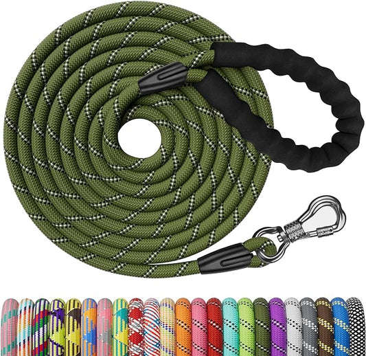 NTR 15FT Strong Dog Leash, Olive Rope Leash with Swivel Lockable Hook and Comfortable Padded Handle, Cat Puppy Lead for Small Medium Large Dogs Training, Playing, Camping,or Backyard, 15ft*3/5/''