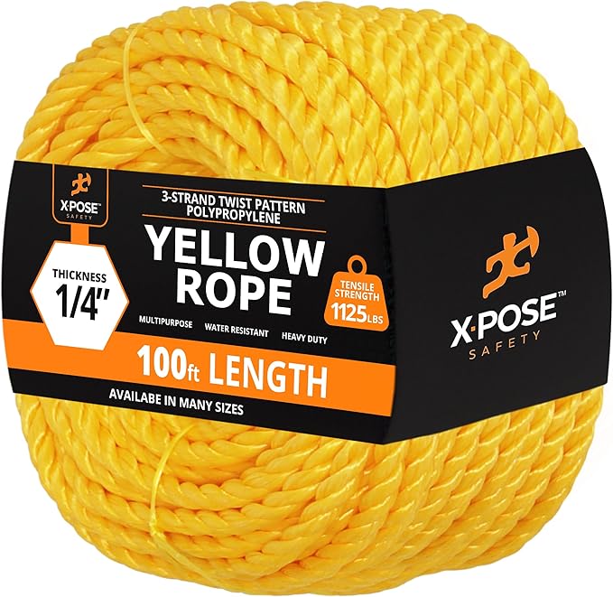 Yellow Twisted Polypropylene Rope, 1/4" Thickness x 100' Length Heavy Duty Poly Ropes for Outdoor and Marine Use, Yellow Rope for Visibility & Safety