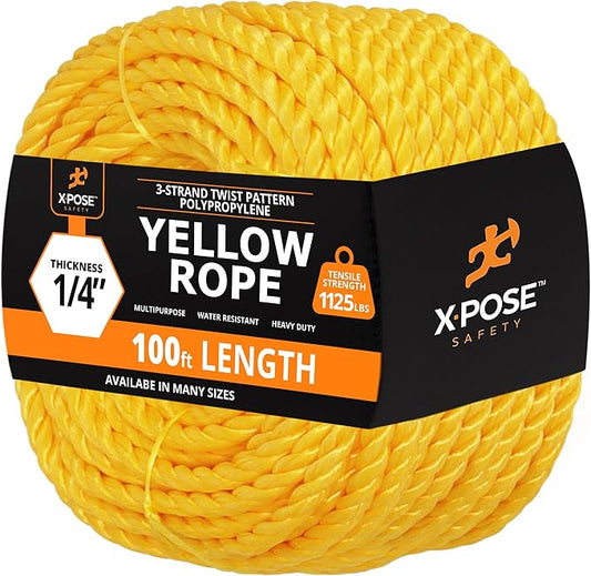 Yellow Twisted Polypropylene Rope, 1/4" Thickness x 100' Length Heavy Duty Poly Ropes for Outdoor and Marine Use, Yellow Rope for Visibility & Safety