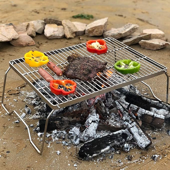 ZORMY 17" Large Folding Campfire Grill, 304 Stainless Steel Firepit Grill Grate, Heavy Duty Portable Camping Grill with Carrying Bag, Gas BBQ Grill Grate for Backpacking, Hiking, Picnics (Large)