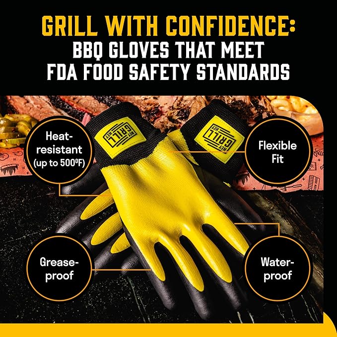 Hey Grill Hey Pitmaster Gloves | BBQ Gloves | Heat Protection up to 500°F or 260°C | High Temp Resistance | Fireproof Glove for Grilling Smoking Barbecue | Washable Mitts | Waterproof | Size - Large