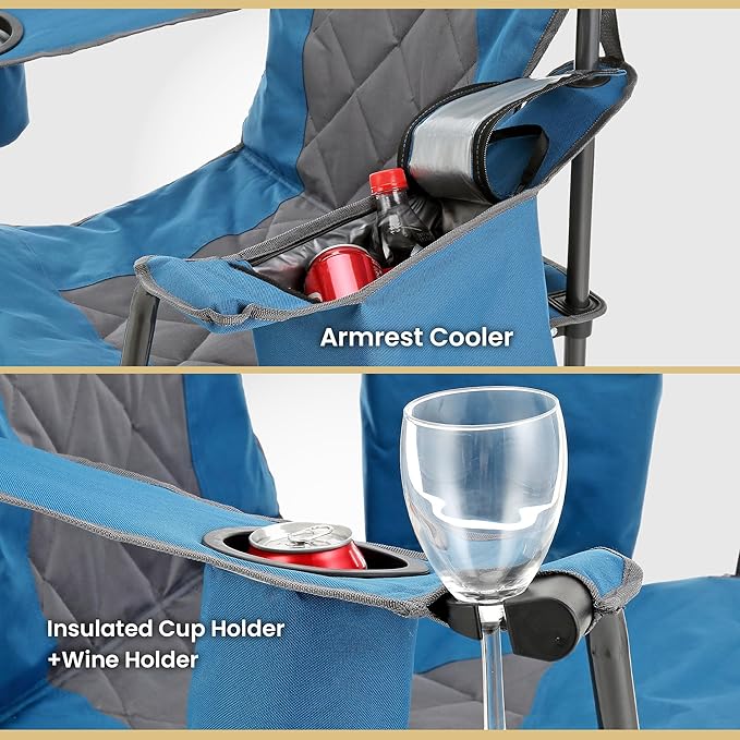ARROWHEAD OUTDOOR Portable Folding Camping Quad Chair w/ 6-Can Cooler, Cup & Wine Glass Holders, Heavy-Duty Carrying Bag, Padded Armrests, Headrest & Seat, Supports up to 550lbs, USA-Based Support
