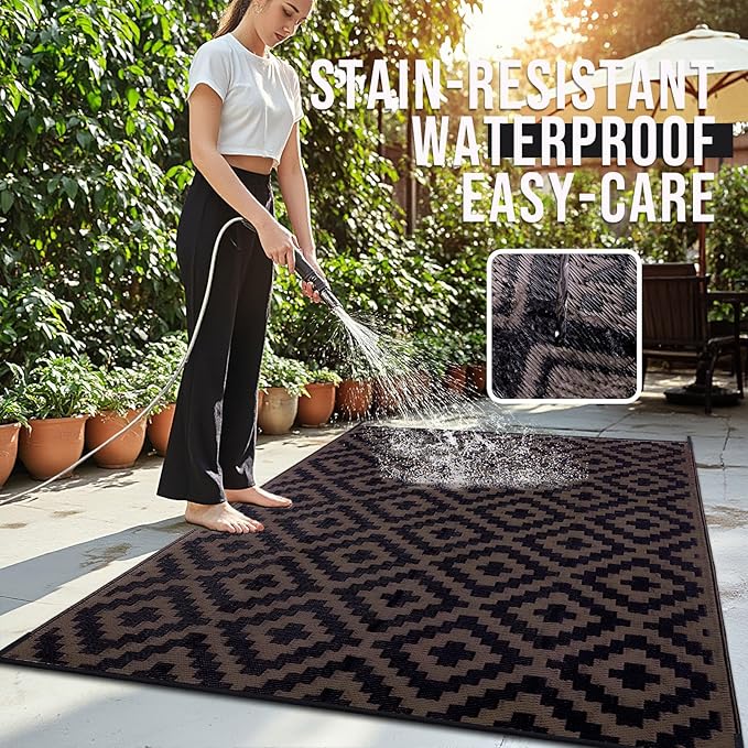 OLANLY Waterproof Outdoor Rug 9x12 ft, Outdoor Plastic Straw Rug for Camping, RV Mat Outside, Outdoor Carpet for Porch, Deck, Backyard, Balcony, Picnic, Black & Brown