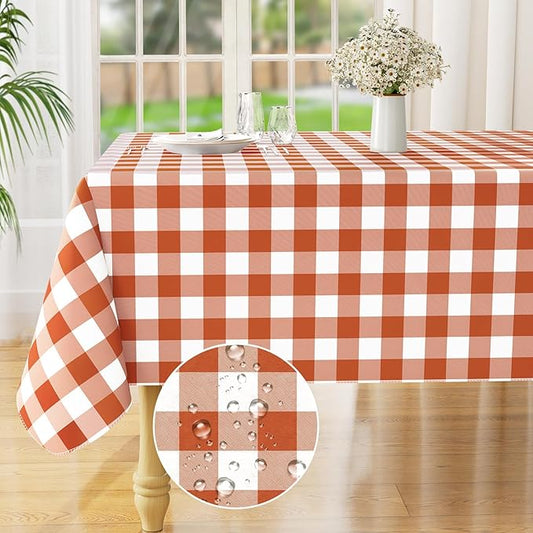 misaya Square Waterproof Vinyl Table Cloth, Buffalo Flannel Backed Tablecloth, Wipeable Plastic Table Cover for Dinner, Kitchen, Picnic, (60" x 60", Rust and White)