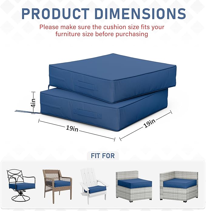 Patio Chair Cushions 19 X 19 X 4 Inch Waterproof Outdoor Seat Cushions for Patio Furniture, Outdoor Sofa Couch Pads with Ties & Handle, Set of 2, Blue