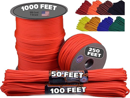 BORED? PARACORD! 550 lb Paracord - Ideal for Crafting, Camping, DIY Projects, Active & Military Outdoors - Strong Survival Rope - Tactical Parachute Cord Type III - Neon Orange 1000 Feet