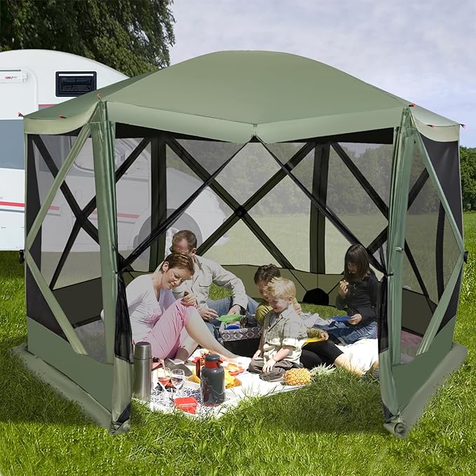 Tangkula 11.5x11.5 Ft Pop Up Gazebo with Netting, Portable Screen Tent with 6 Sided Mesh Walls, 2 Sunshade Cloths, Outdoor Instant Canopy Shelter with Carry Bag for Camping, Lawn, Backyard