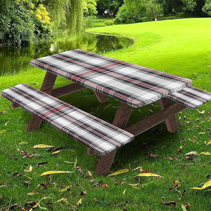 CAPSCEOLL Fitted Picnic Table Cover with Bench Covers with Elastic 8Ft Waterproof Camping Picnic Table Cover Cloths for Outdoors Camping Tablecloth with Drawstring Bag, 96X30in, Grey Red